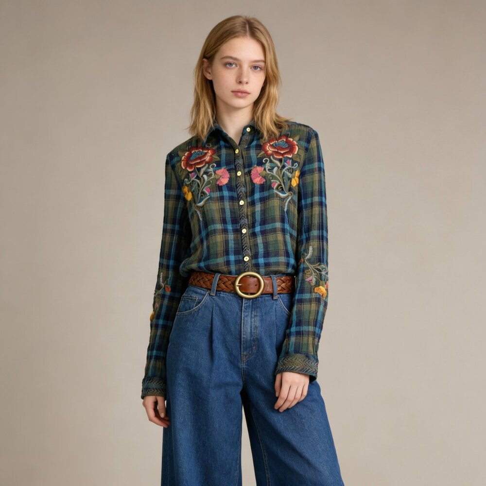 NWOT Johnny Was Embroidered Floral Butterfly Plaid Cotton Top Shirt Blouse Sz S